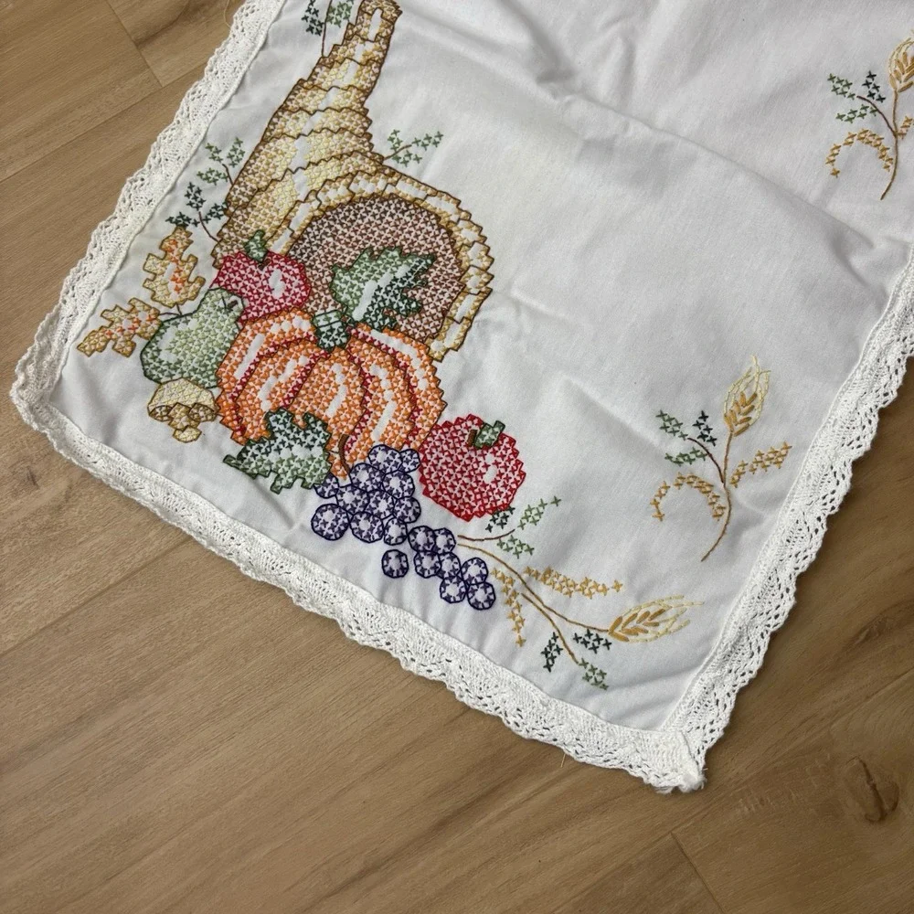 Cross Stitch Thanksgiving Table Runner Dresser Scarf Fall Autumn Cornucopia 42